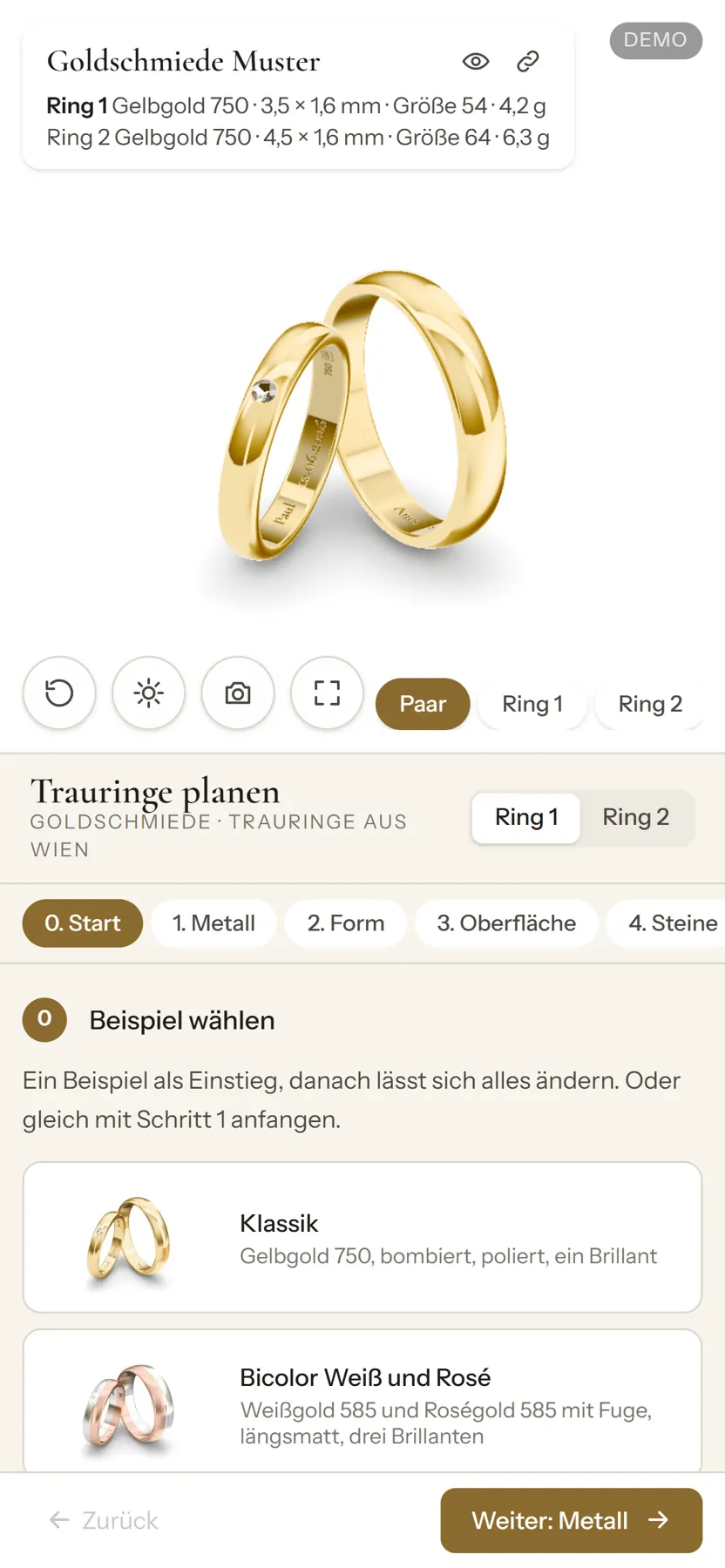 Trauring-Konfigurator für Juweliere am Handy