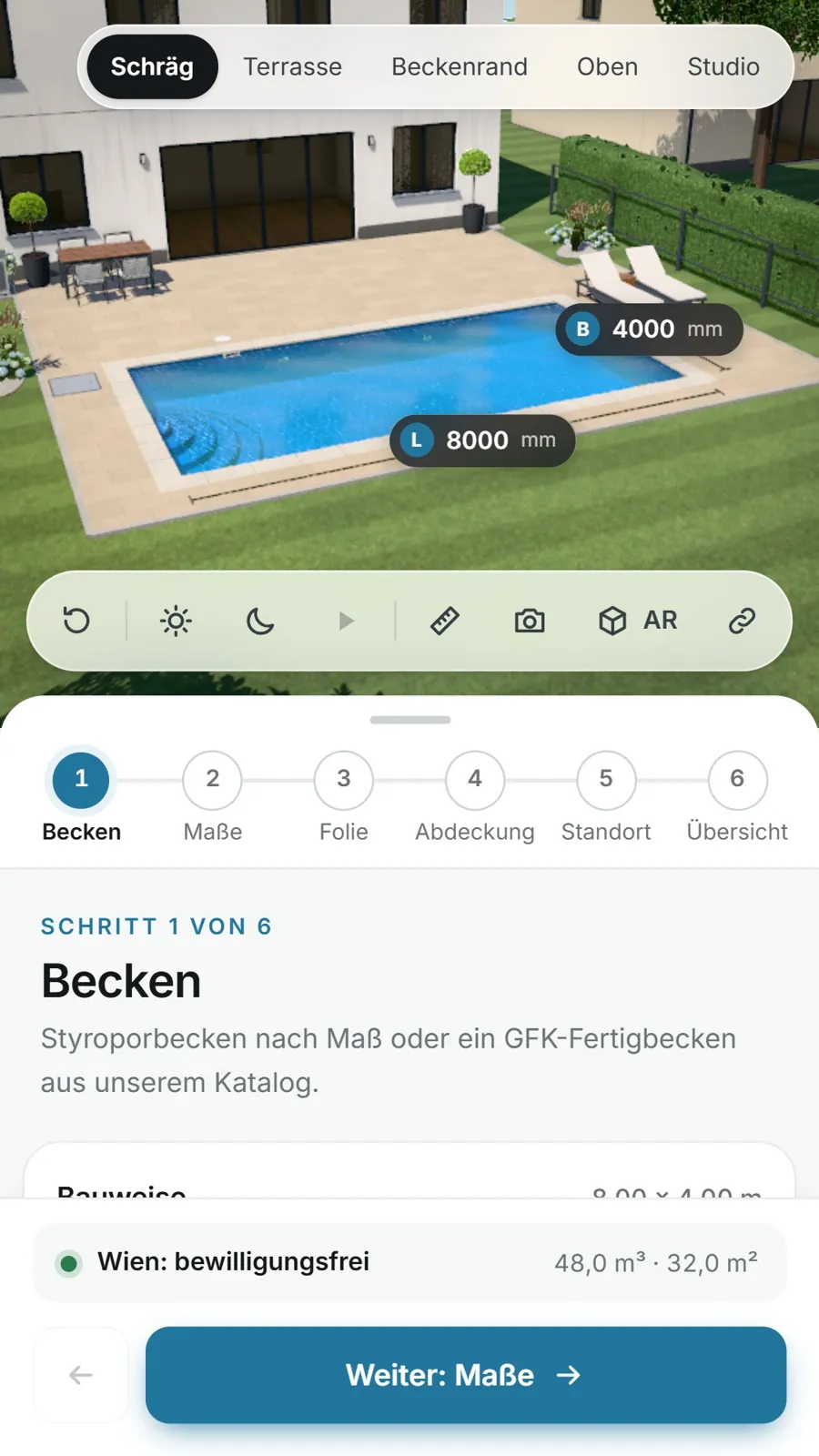 Pool-Konfigurator für Poolbauer am Handy