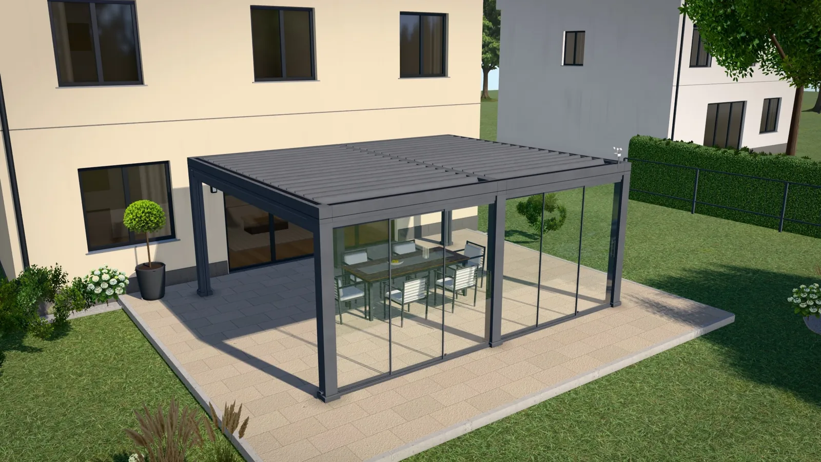 Sonnenschutz: Lamellendach und Pergola am Haus